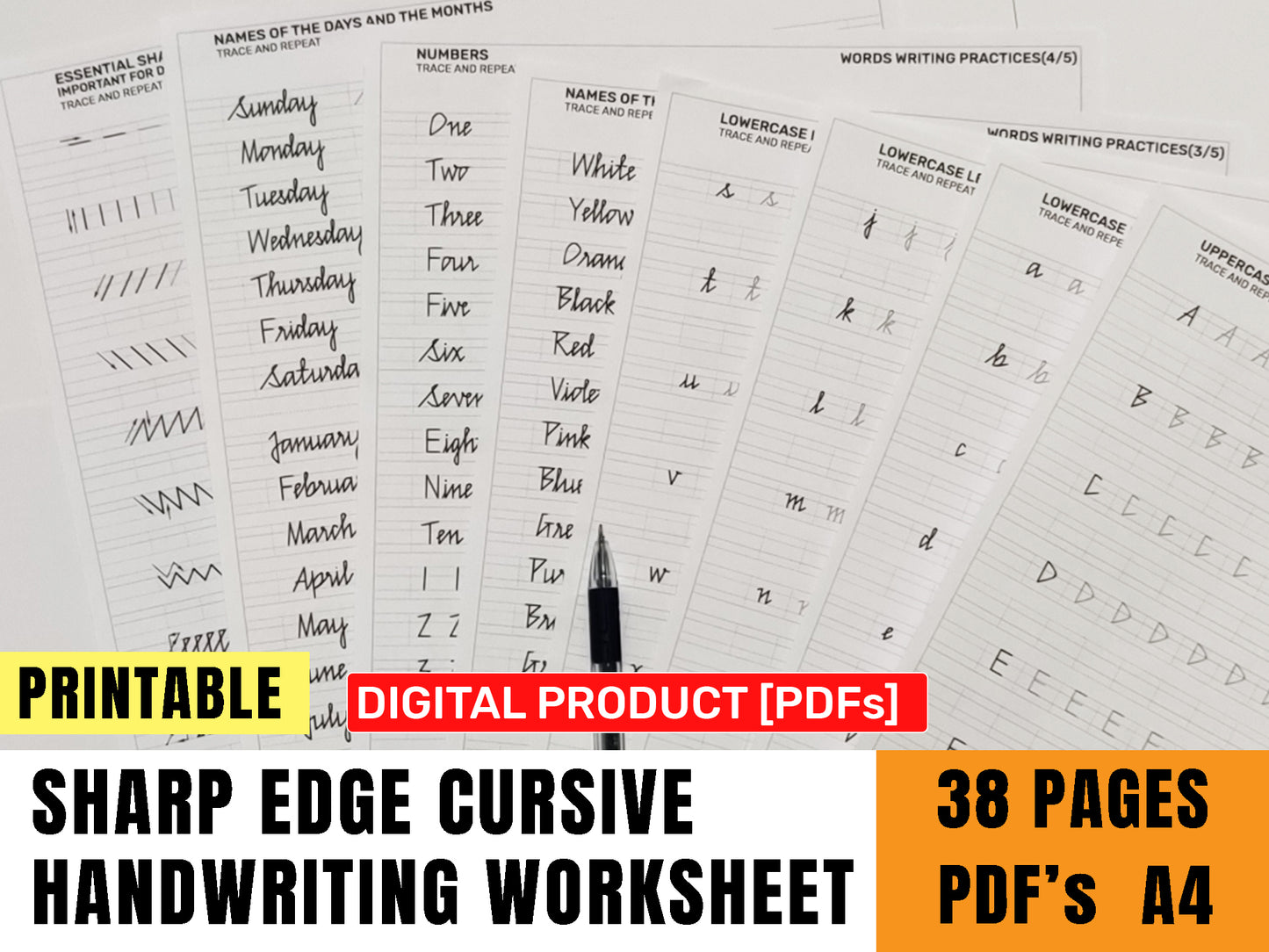 Printable Sharp Edge Cursive Handwriting Worksheets | Size A4 | Pages 38