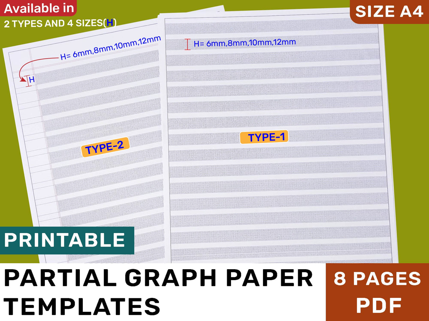 Printable Partial Graph Paper templates for Handwriting practices | Size A4 | Pages 8