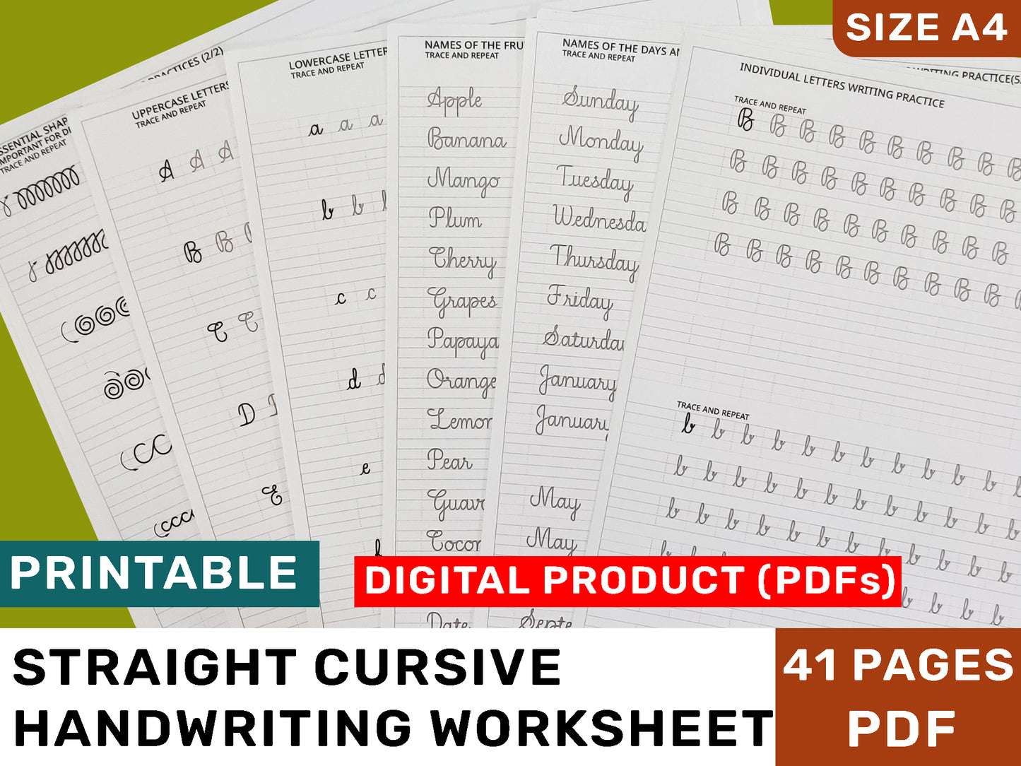Printable Straight Cursive Handwriting Worksheets | Size A4 | Pages 41